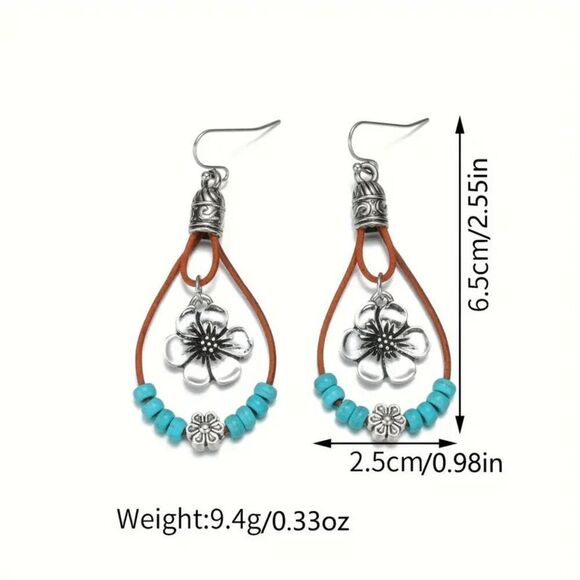 Boho Western Flower Turquoise Beaded Dangle Earrings - Picture 4 of 5
